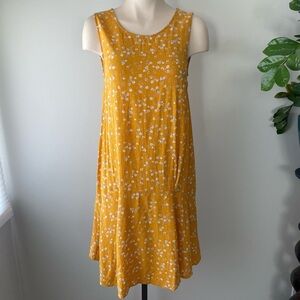 Ichi Mustard Yellow Floral Sleeveless Tank Midi Dress Drop Waist Size 38